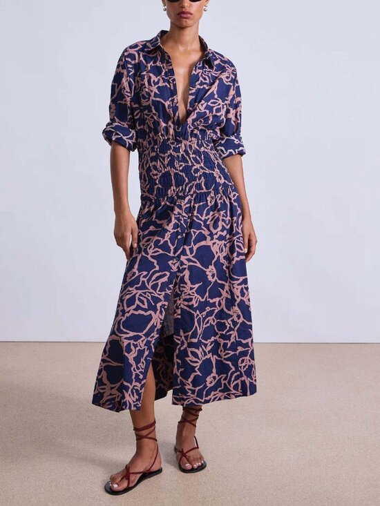 APIECE APART Dresses & Skirts - Apiece Apart Navy and Pink Floral Midi Dress